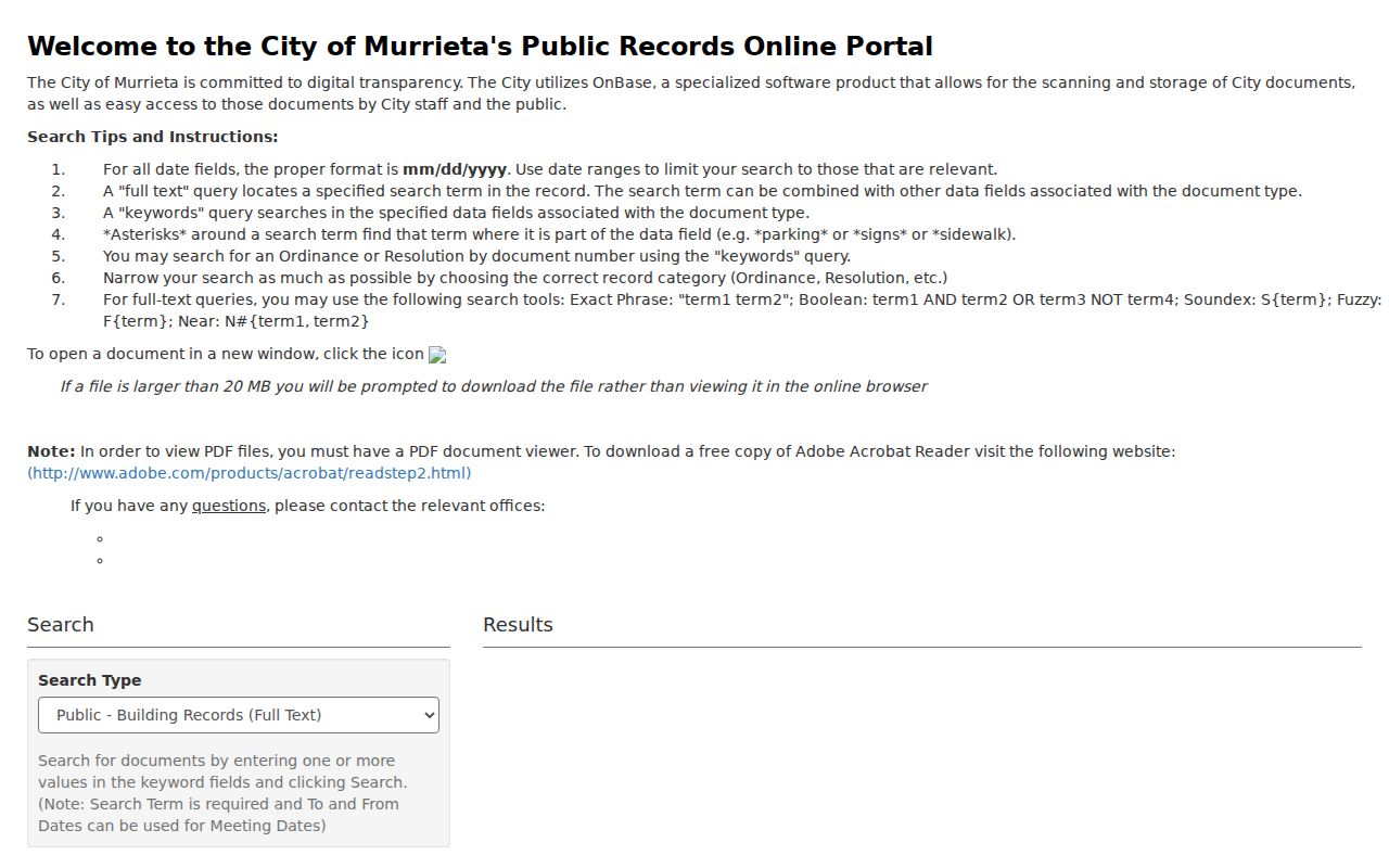 Murrieta people search in the OnBase city records viewer