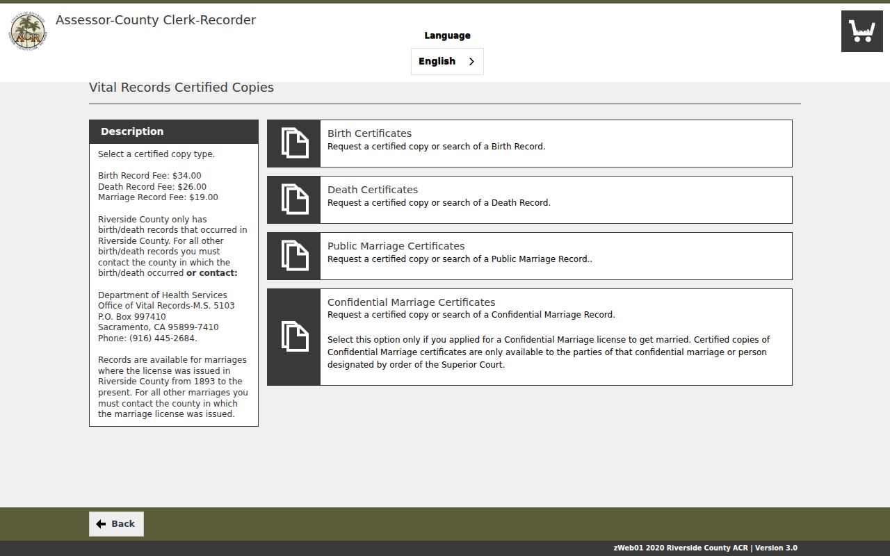 Murrieta public records options in the Riverside County vital certificate portal